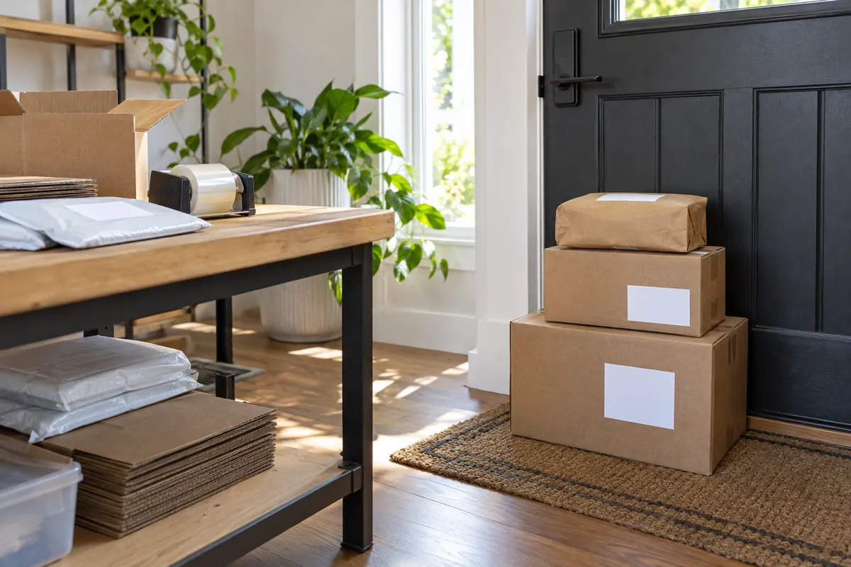 Three packed parcels by the front door, ready to drop off