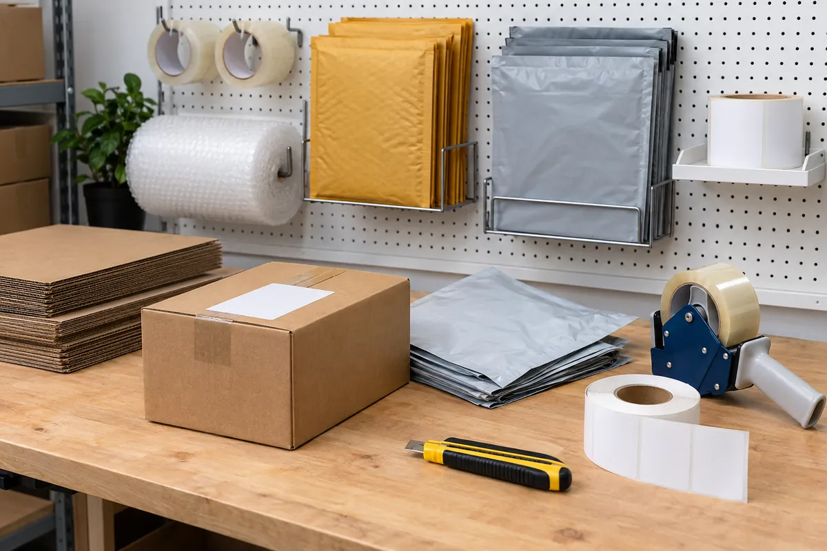 Shipping supplies on a pegboard: tape, mailers, a box cutter and labels