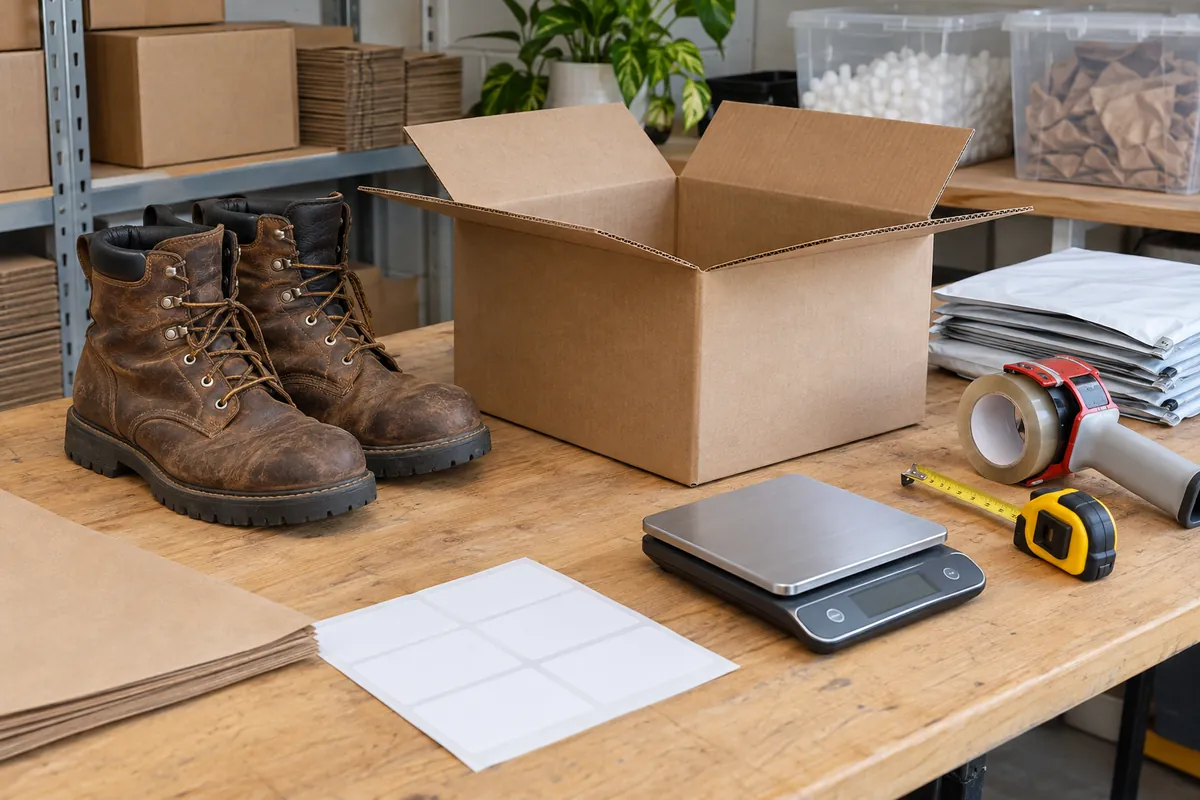 Work boots next to their shipping box, a scale and a tape measure