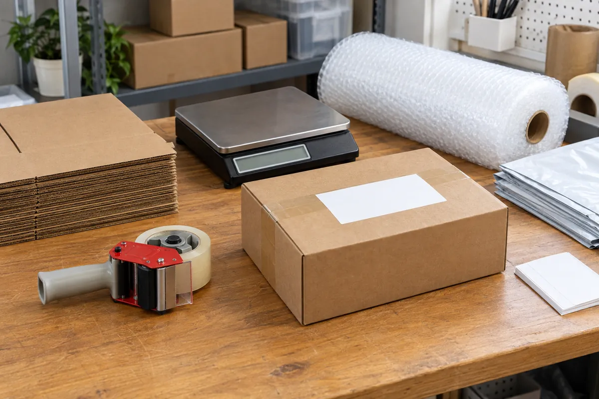 Ein Packplatz mit Kartons, Klebebandabroller, Paketwaage und Luftpolsterfolie