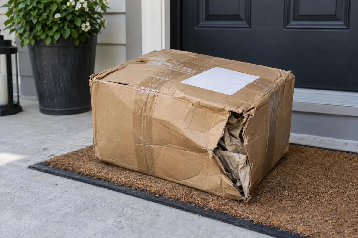 A crushed shipping box with a torn corner on a doorstep