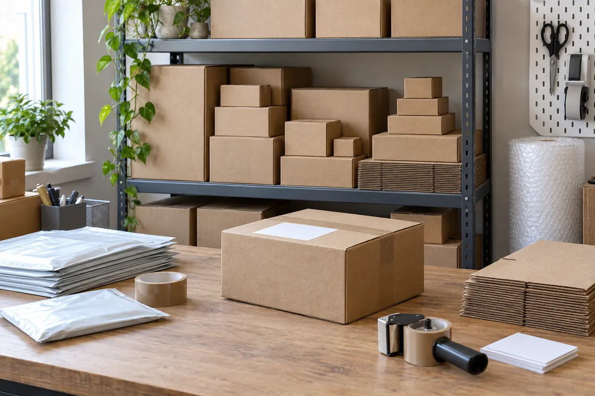 Plain kraft boxes of different sizes stacked on a shelf