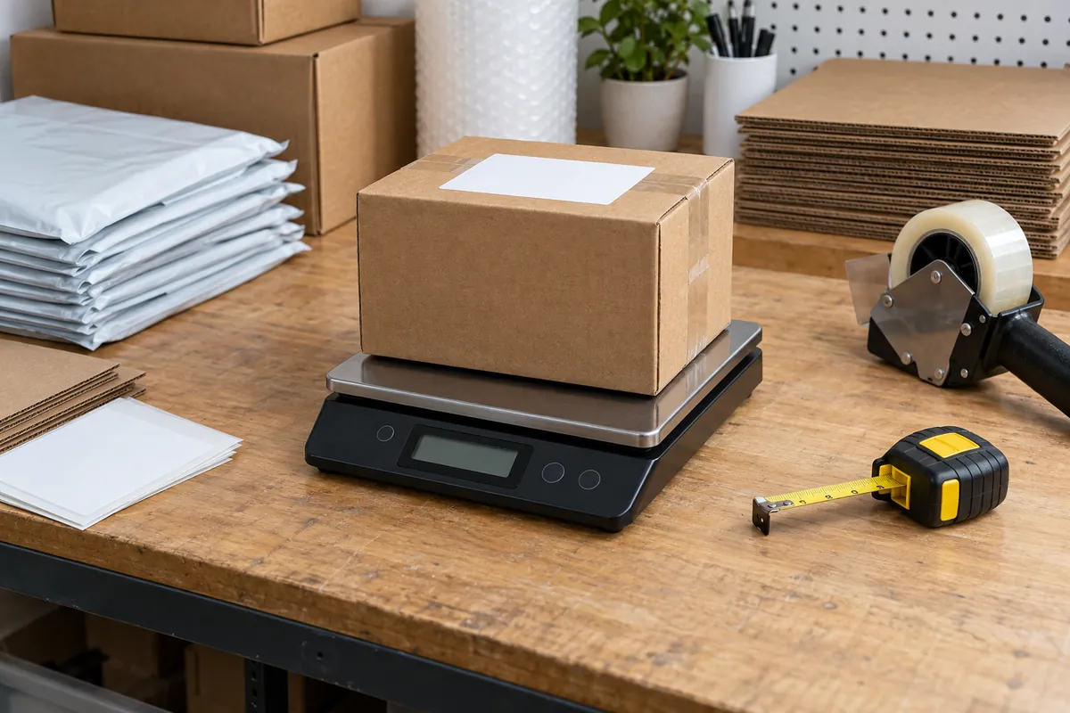 A small, heavy box on a shipping scale beside a tape measure